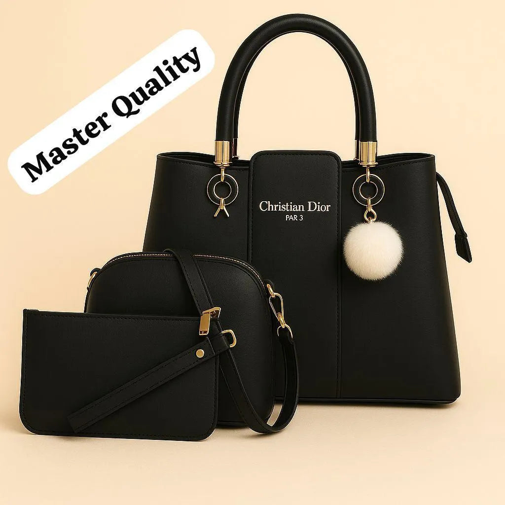 Stylish Women's 3 Pcs Rexine Hand Bag Set - Plain Design